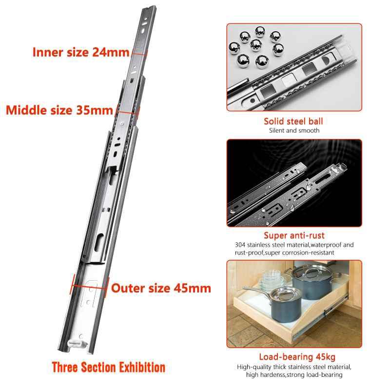 AOLISHENG 45 kg Tragkraft, Edelstahl-Kugellager-Schubladenschienen U1245, 1 Paar